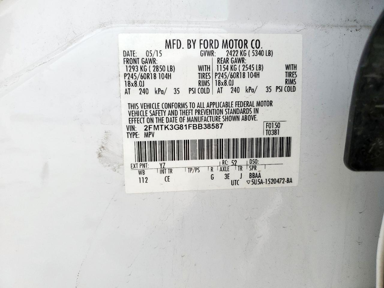 2015 Ford Edge Se VIN: 2FMTK3G81FBB38587 Lot: 56997415