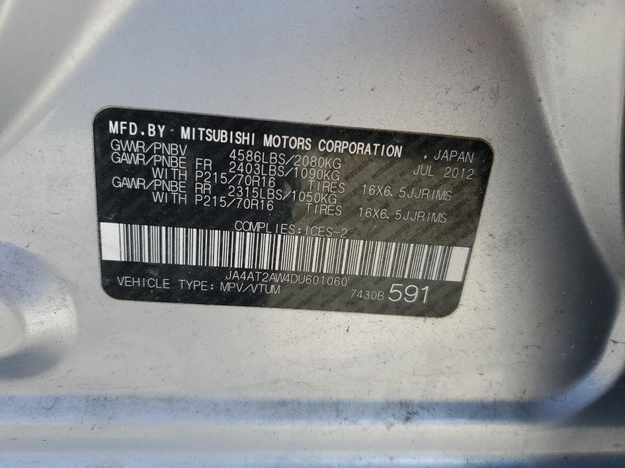 2013 Mitsubishi Outlander Es VIN: JA4AT2AW4DU601060 Lot: 56242575