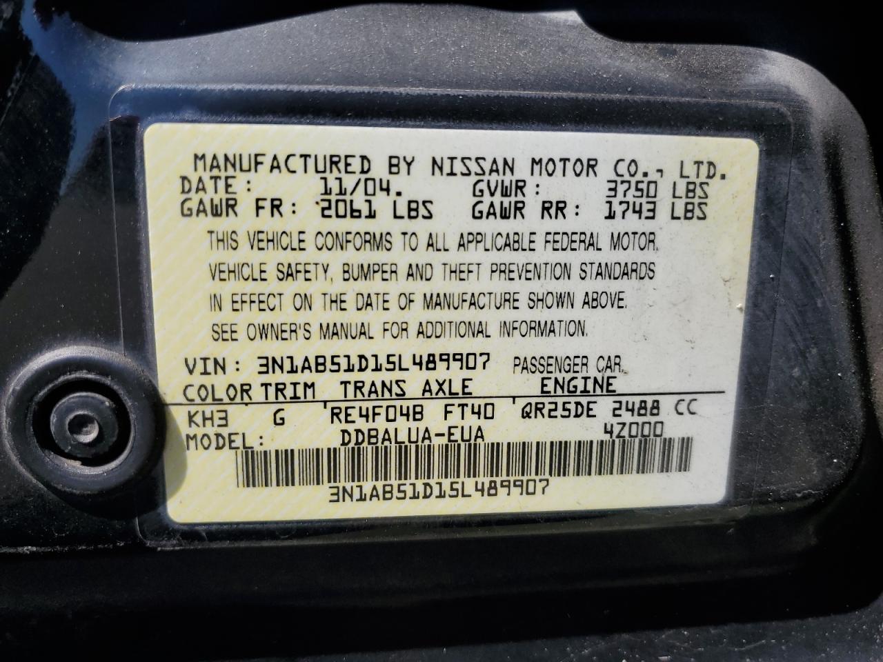 2005 Nissan Sentra Se-R Spec V VIN: 3N1AB51D15L489907 Lot: 56119035