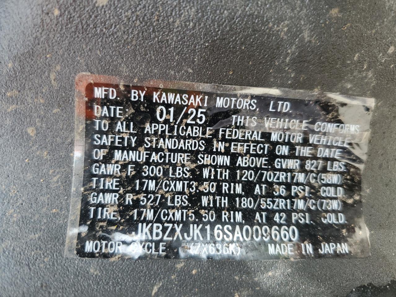 2025 Kawasaki Zx636 K VIN: JKBZXJK16SA009660 Lot: 55823135