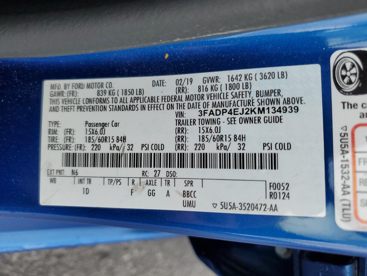2019 Ford Fiesta Se VIN: 3FADP4EJ2KM134939 Lot: 56523565