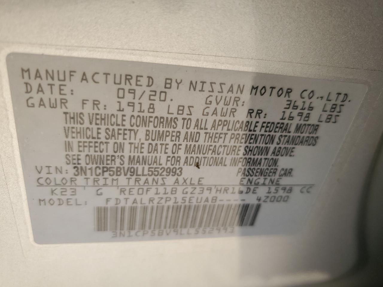 3N1CP5BV9LL552993 2020 Nissan Kicks S