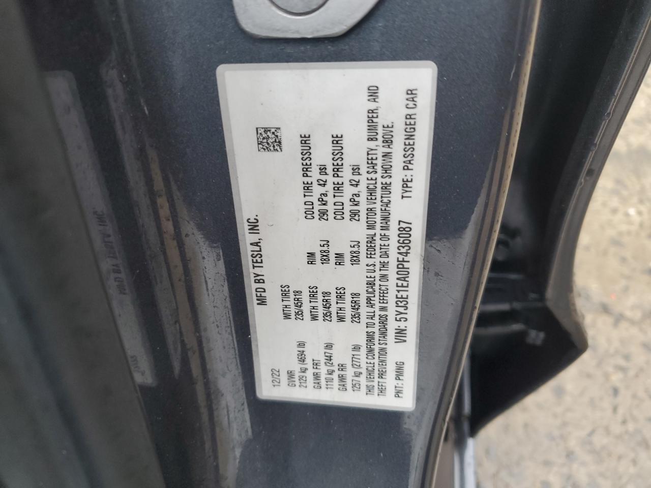 2023 Tesla Model 3 VIN: 5YJ3E1EA0PF436087 Lot: 56565925