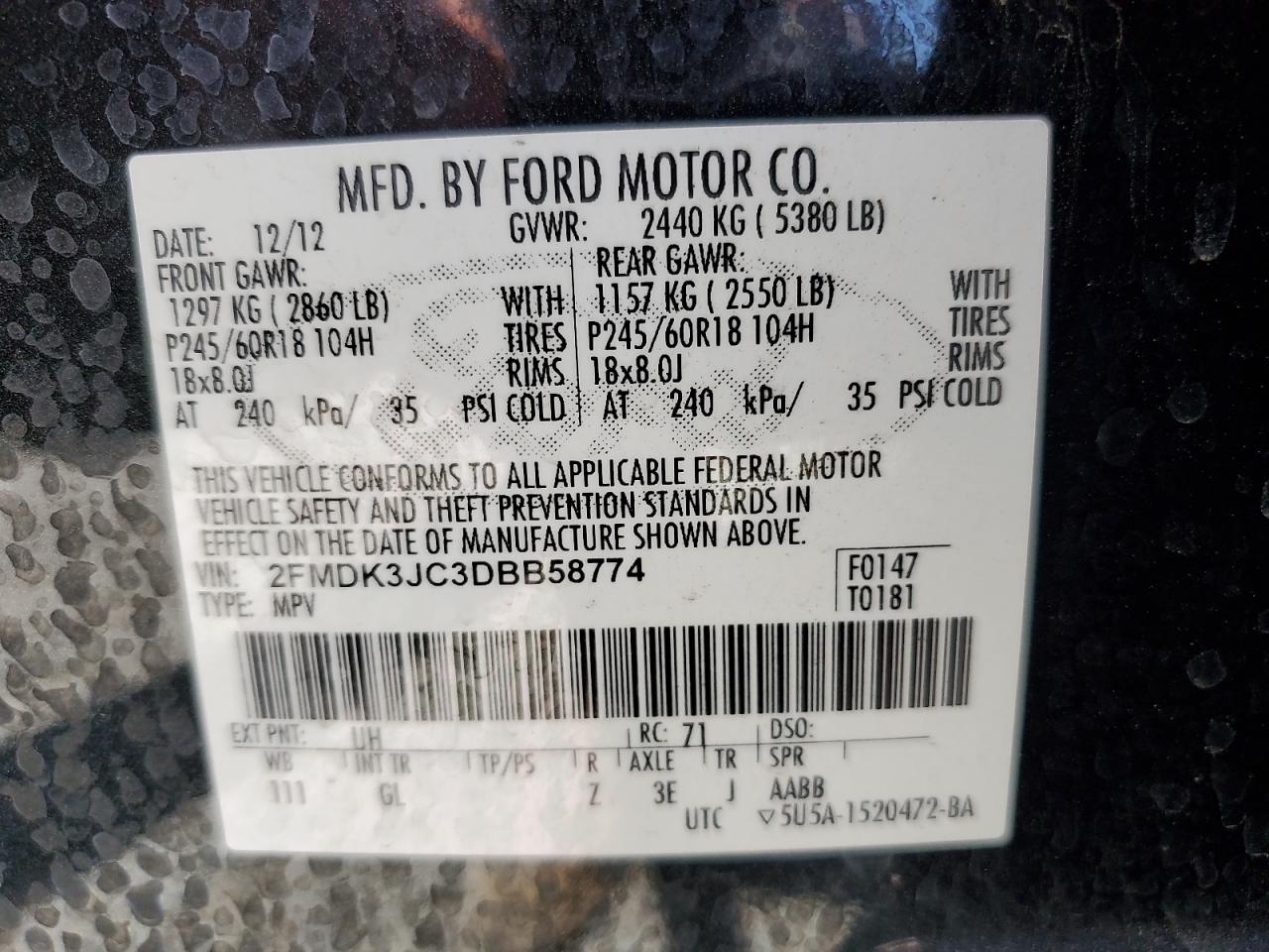 2013 Ford Edge Sel VIN: 2FMDK3JC3DBB58774 Lot: 57180115