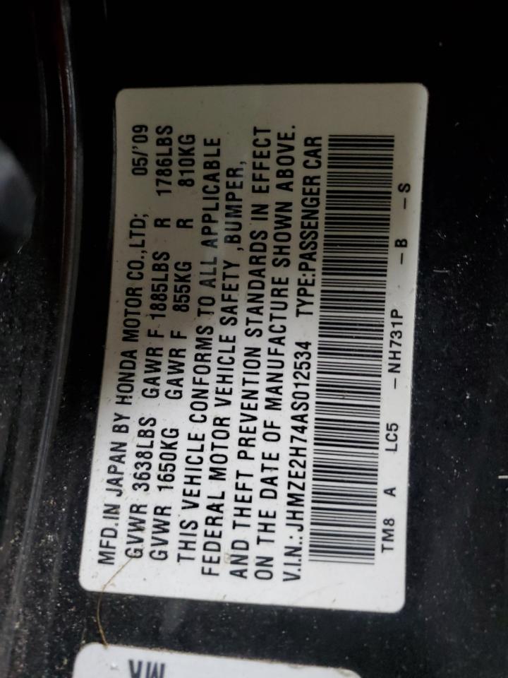2010 Honda Insight Ex VIN: JHMZE2H74AS012534 Lot: 58732105