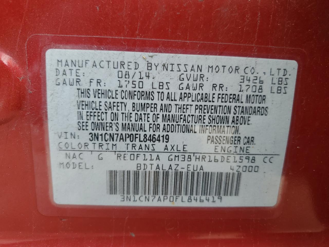 2015 Nissan Versa S VIN: 3N1CN7AP0FL846419 Lot: 56824085