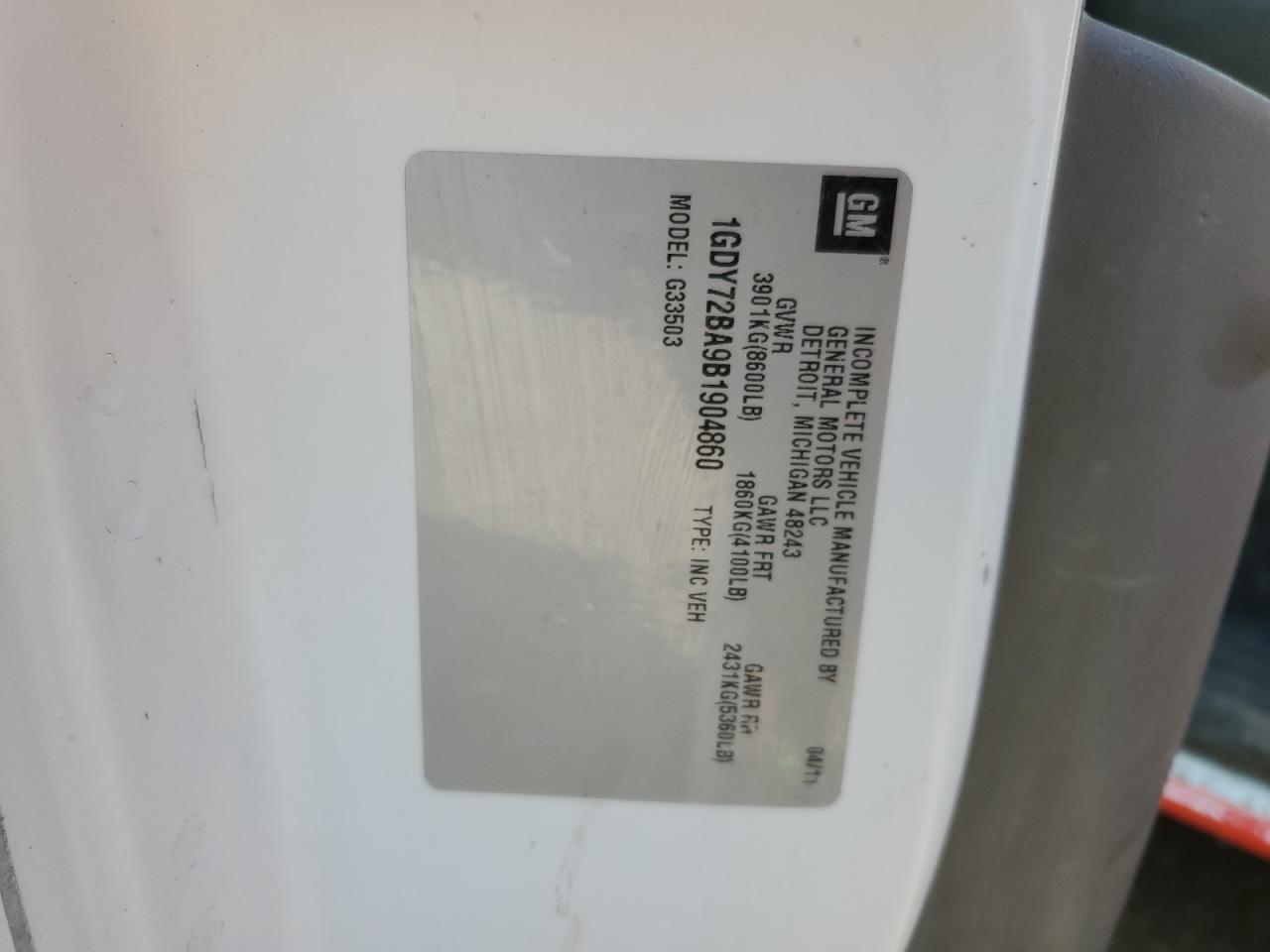 2011 GMC Savana Cutaway G3500 VIN: 1GDY72BA9B1904860 Lot: 55958915