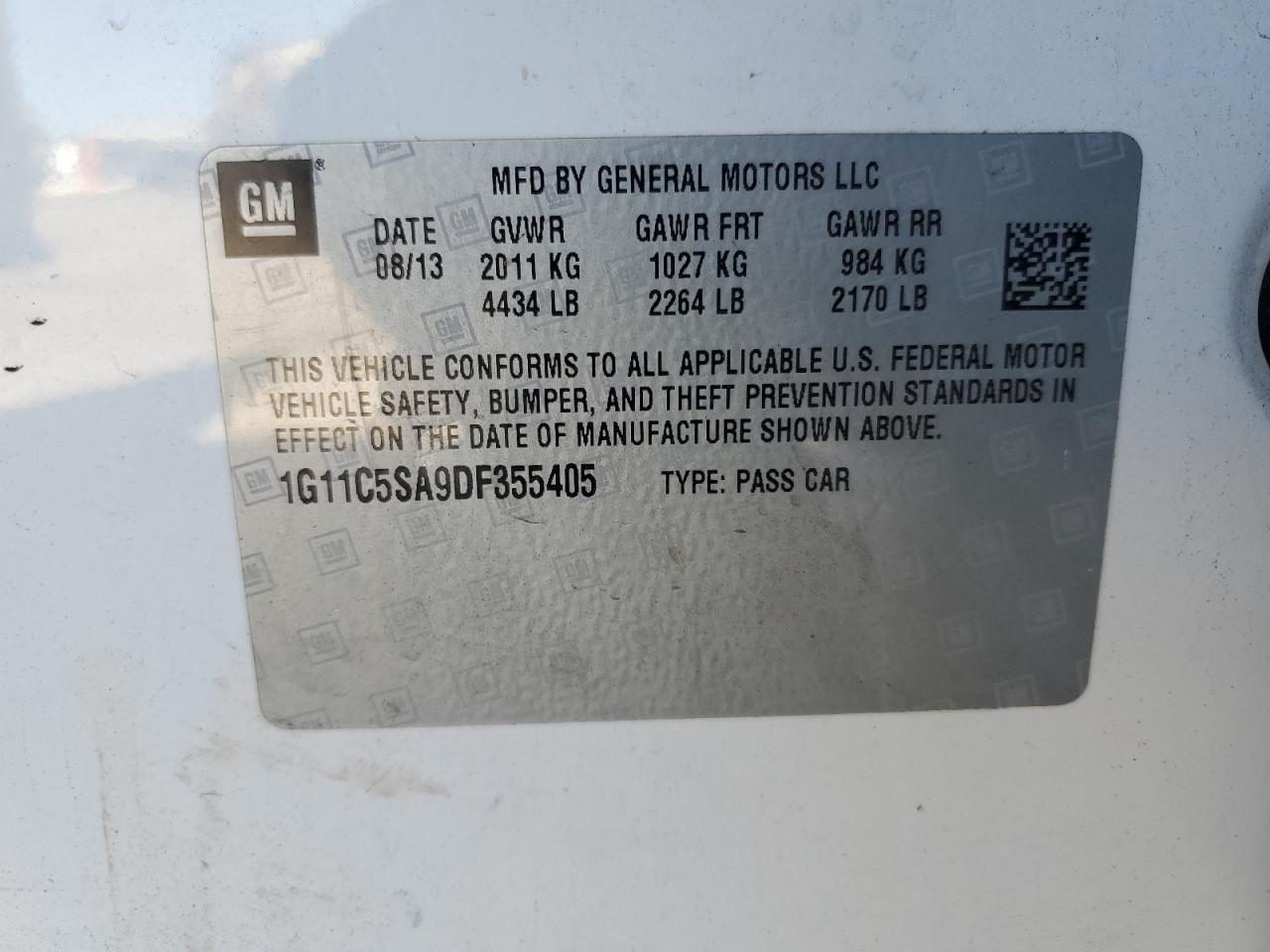 2013 Chevrolet Malibu 1Lt VIN: 1G11C5SA9DF355405 Lot: 55849565