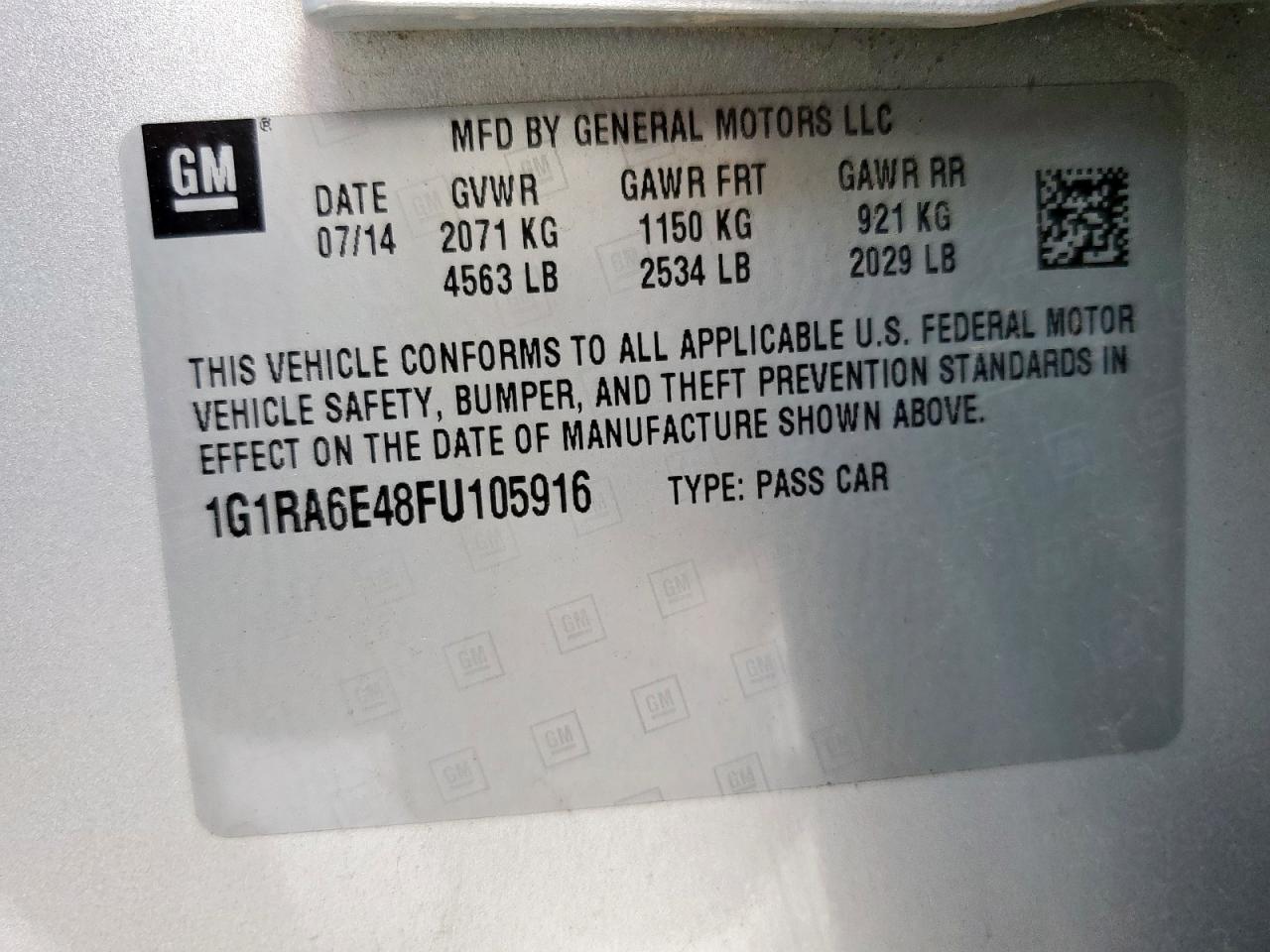2015 Chevrolet Volt VIN: 1G1RA6E48FU105916 Lot: 56693305