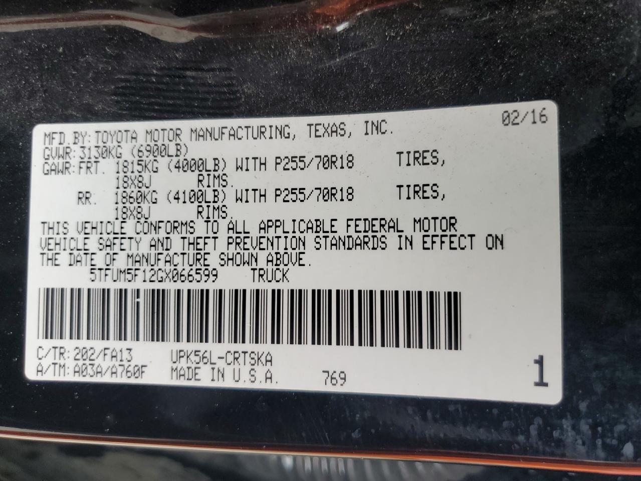 2016 Toyota Tundra Double Cab Sr VIN: 5TFUM5F12GX066599 Lot: 56933625