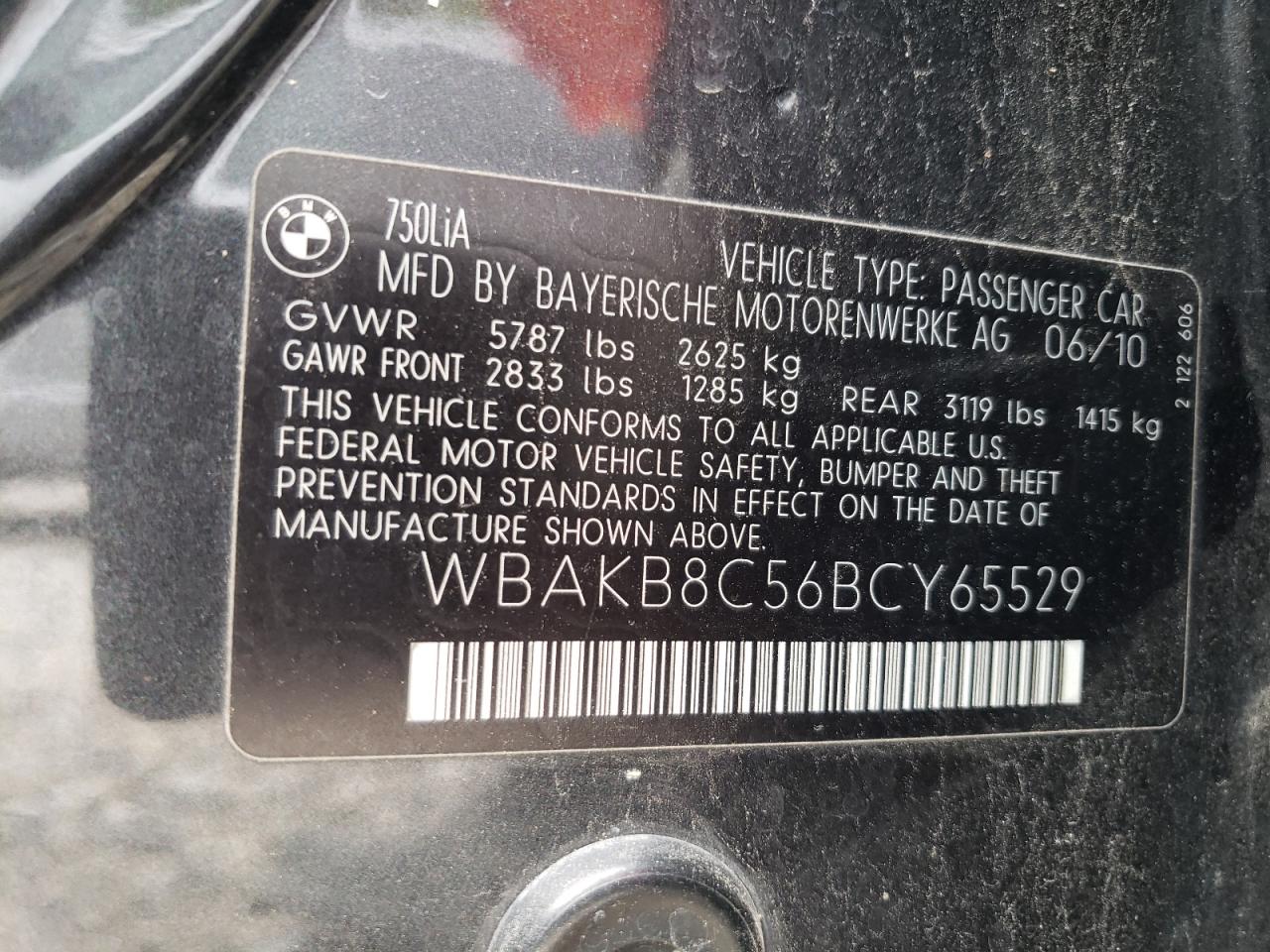 2011 BMW 750 Li VIN: WBAKB8C56BCY65529 Lot: 55652585
