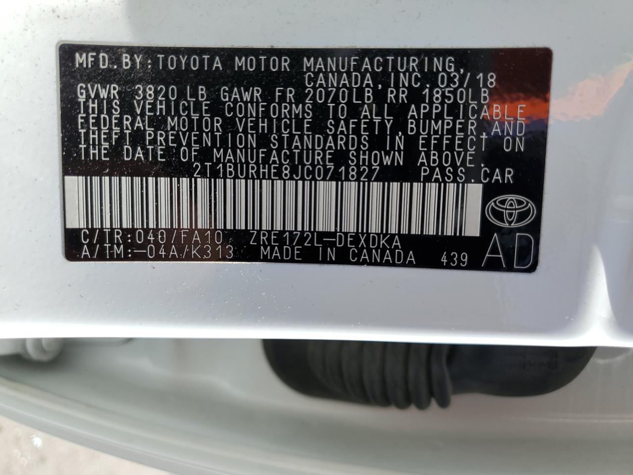 2018 Toyota Corolla L VIN: 2T1BURHE8JC071827 Lot: 57110225