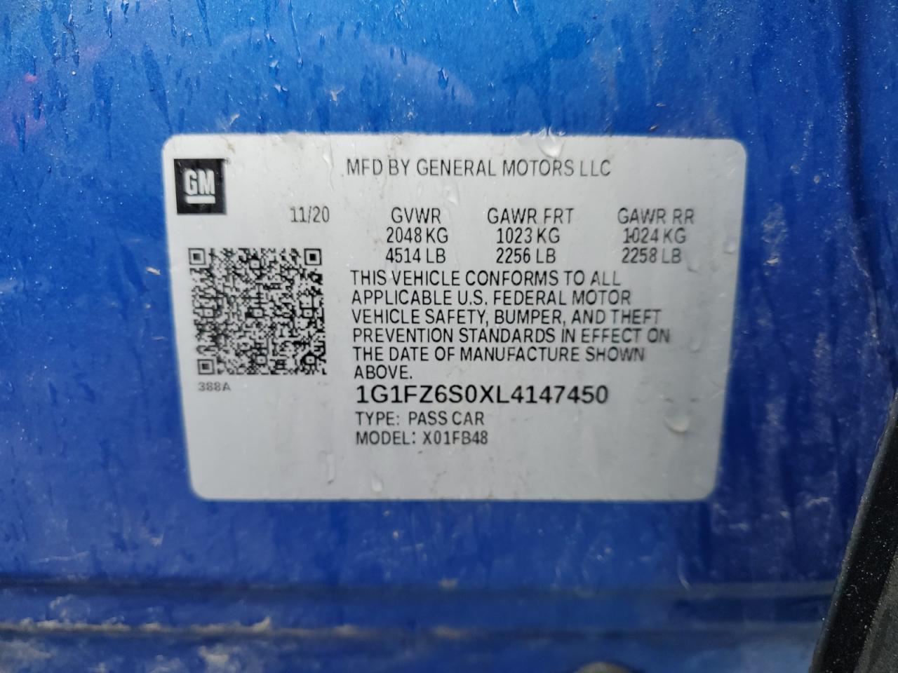 2020 Chevrolet Bolt Ev Premier VIN: 1G1FZ6S0XL4147450 Lot: 54188085