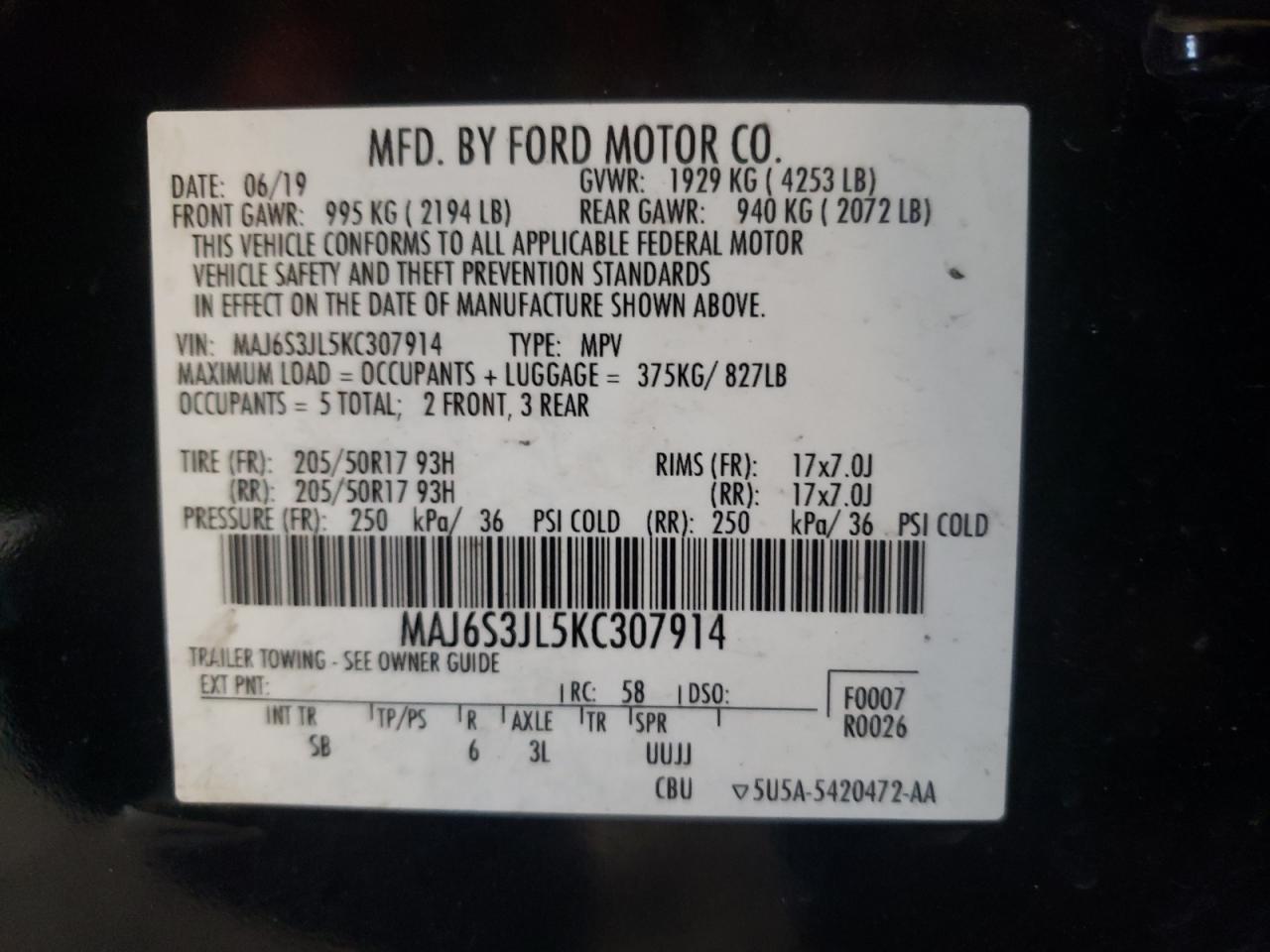 2019 Ford Ecosport Ses VIN: MAJ6S3JL5KC307914 Lot: 56678215