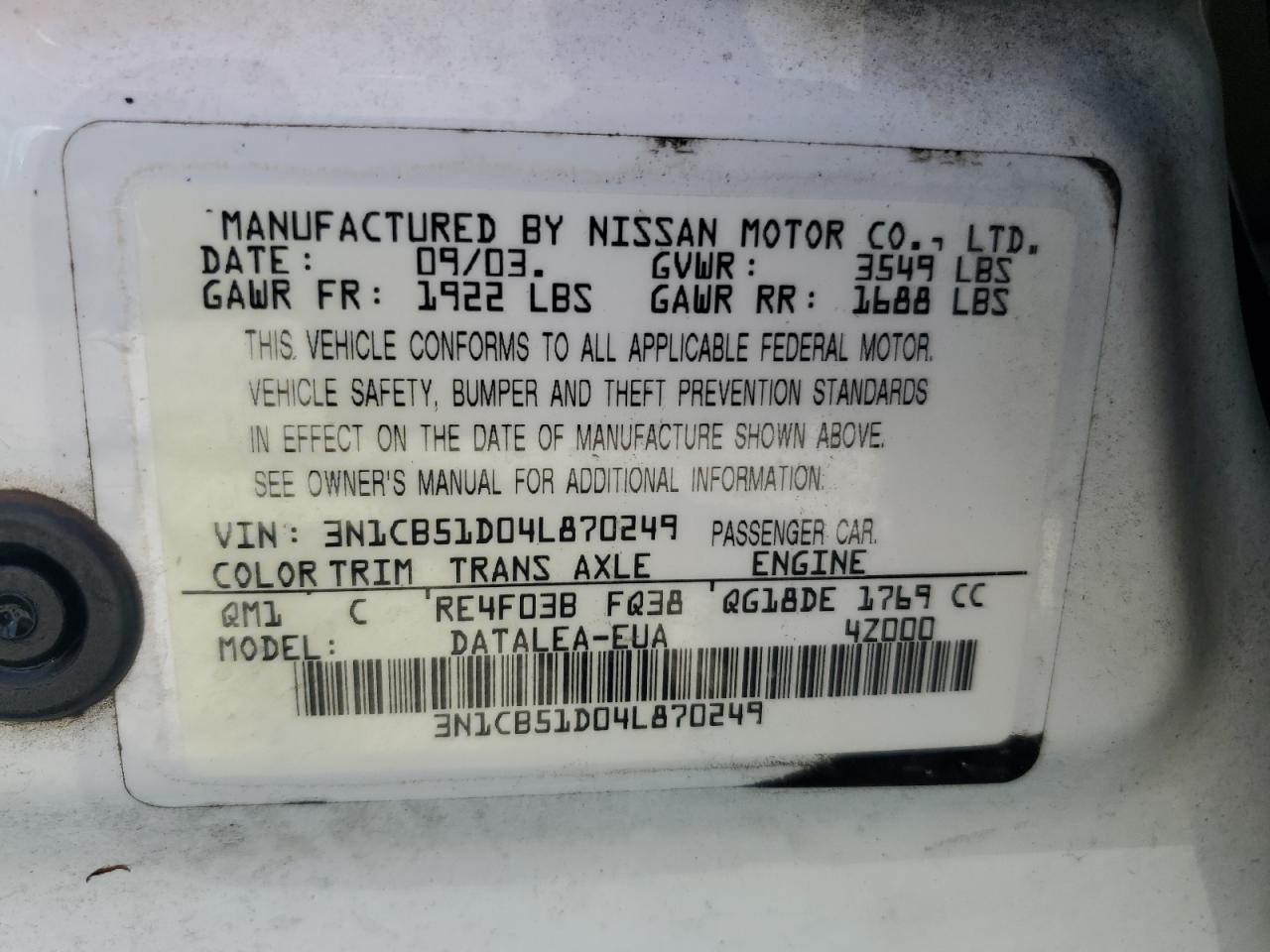 2004 Nissan Sentra 1.8 VIN: 3N1CB51D04L870249 Lot: 57208015