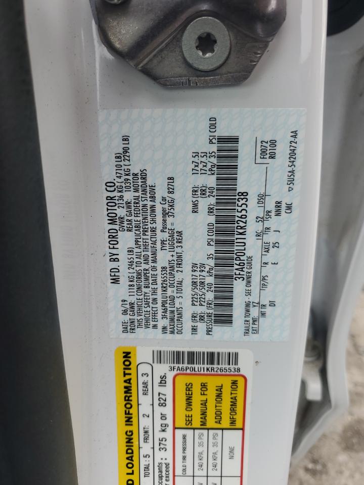 2019 Ford Fusion Se VIN: 3FA6P0LU1KR265538 Lot: 58980385