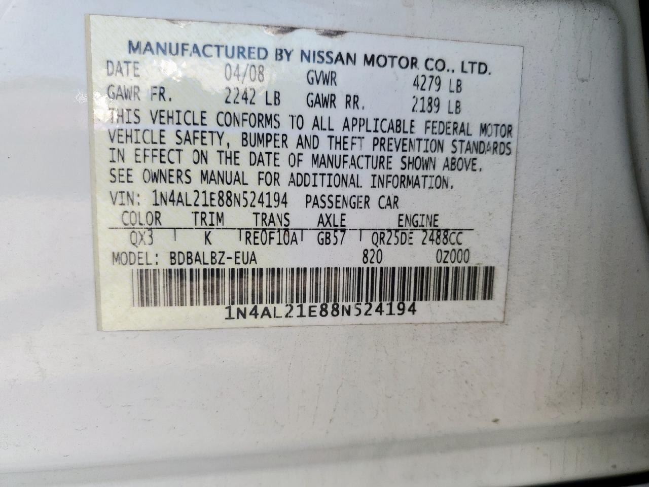 2008 Nissan Altima 2.5 VIN: 1N4AL21E88N524194 Lot: 56780245