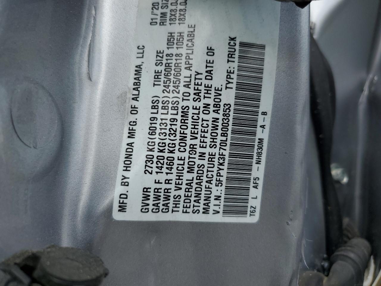 2020 Honda Ridgeline Rtl VIN: 5FPYK3F70LB003853 Lot: 56938085