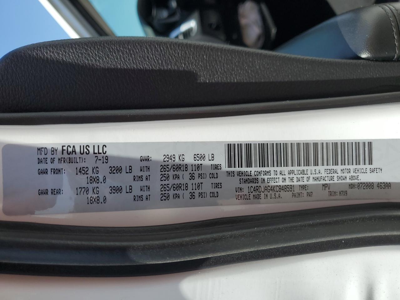 2019 Dodge Durango Sxt VIN: 1C4RDJAG4KC848591 Lot: 56955485