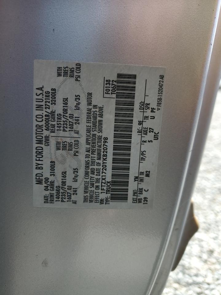2000 Ford F150 VIN: 1FTZX1720YKB20798 Lot: 57177055
