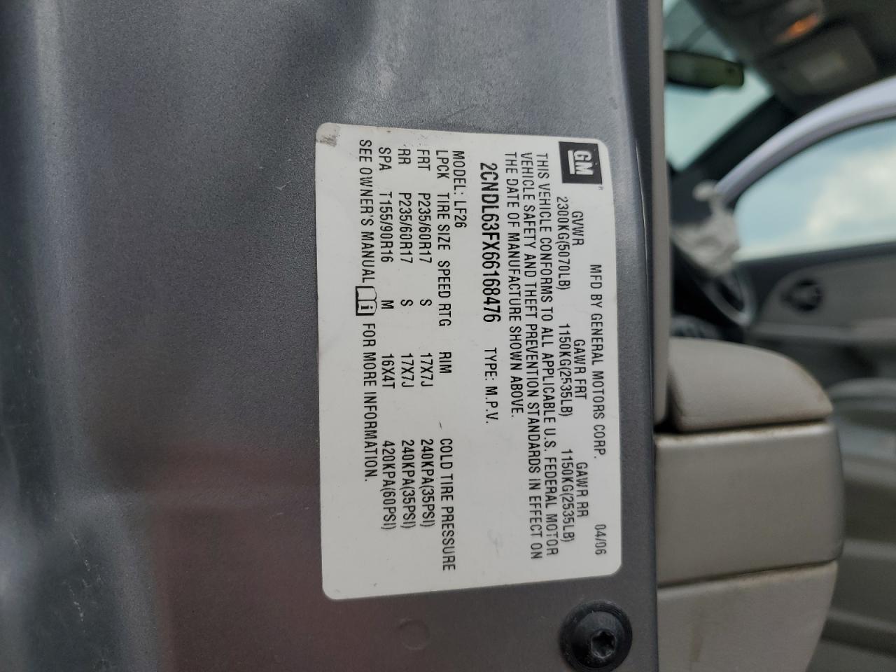 2006 Chevrolet Equinox Lt VIN: 2CNDL63FX66168476 Lot: 56959015