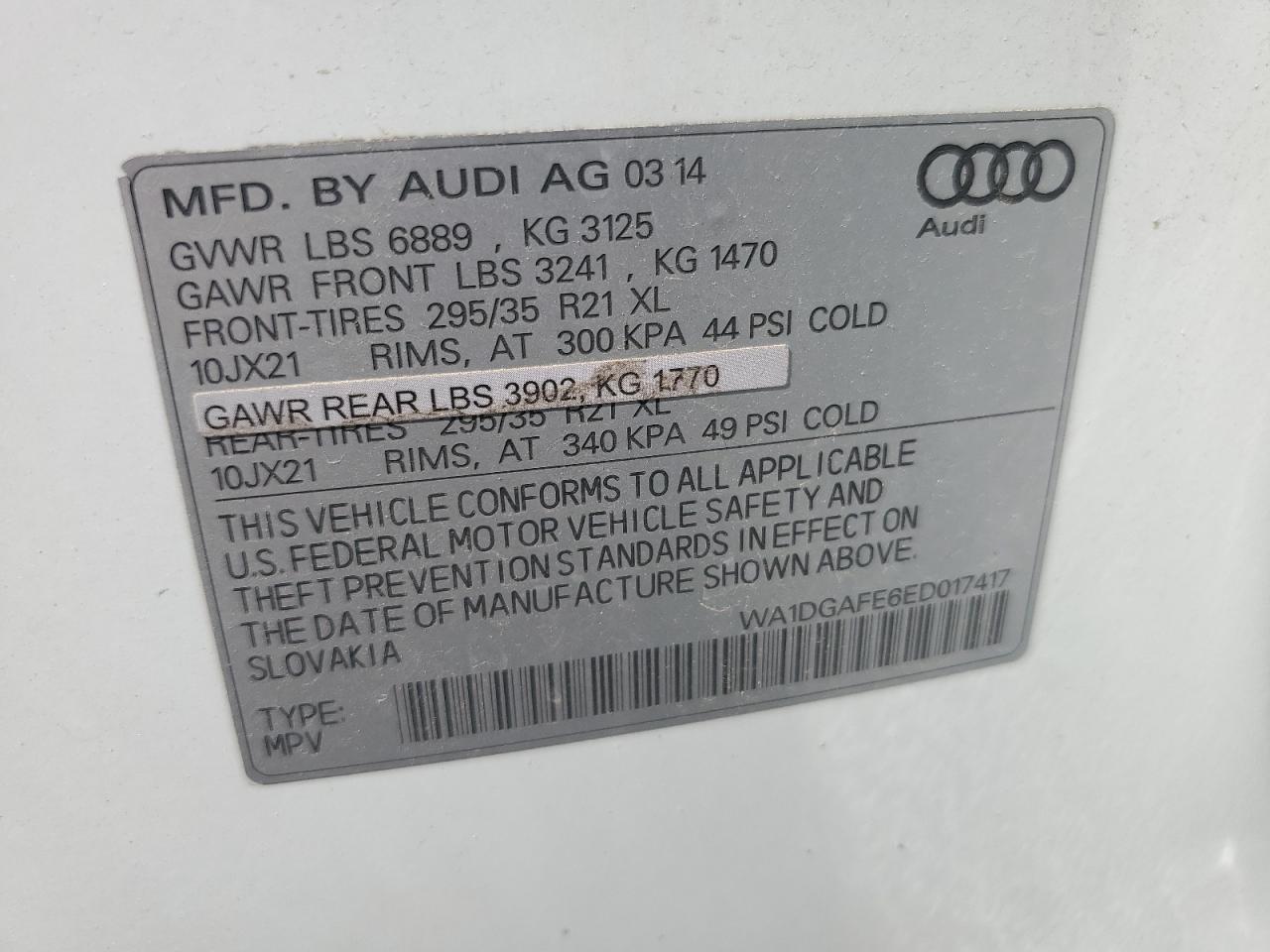 2014 Audi Q7 Prestige VIN: WA1DGAFE6ED017417 Lot: 57048115