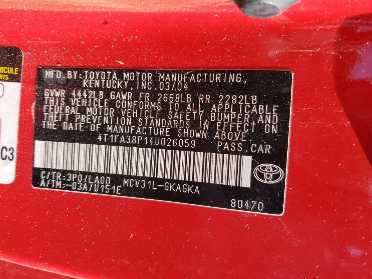 2004 Toyota Camry Solara Se VIN: 4T1FA38P14U026059 Lot: 55904955