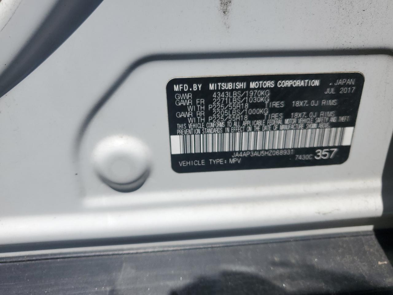 2017 Mitsubishi Outlander Sport Es VIN: JA4AP3AU5HZ068931 Lot: 55215215