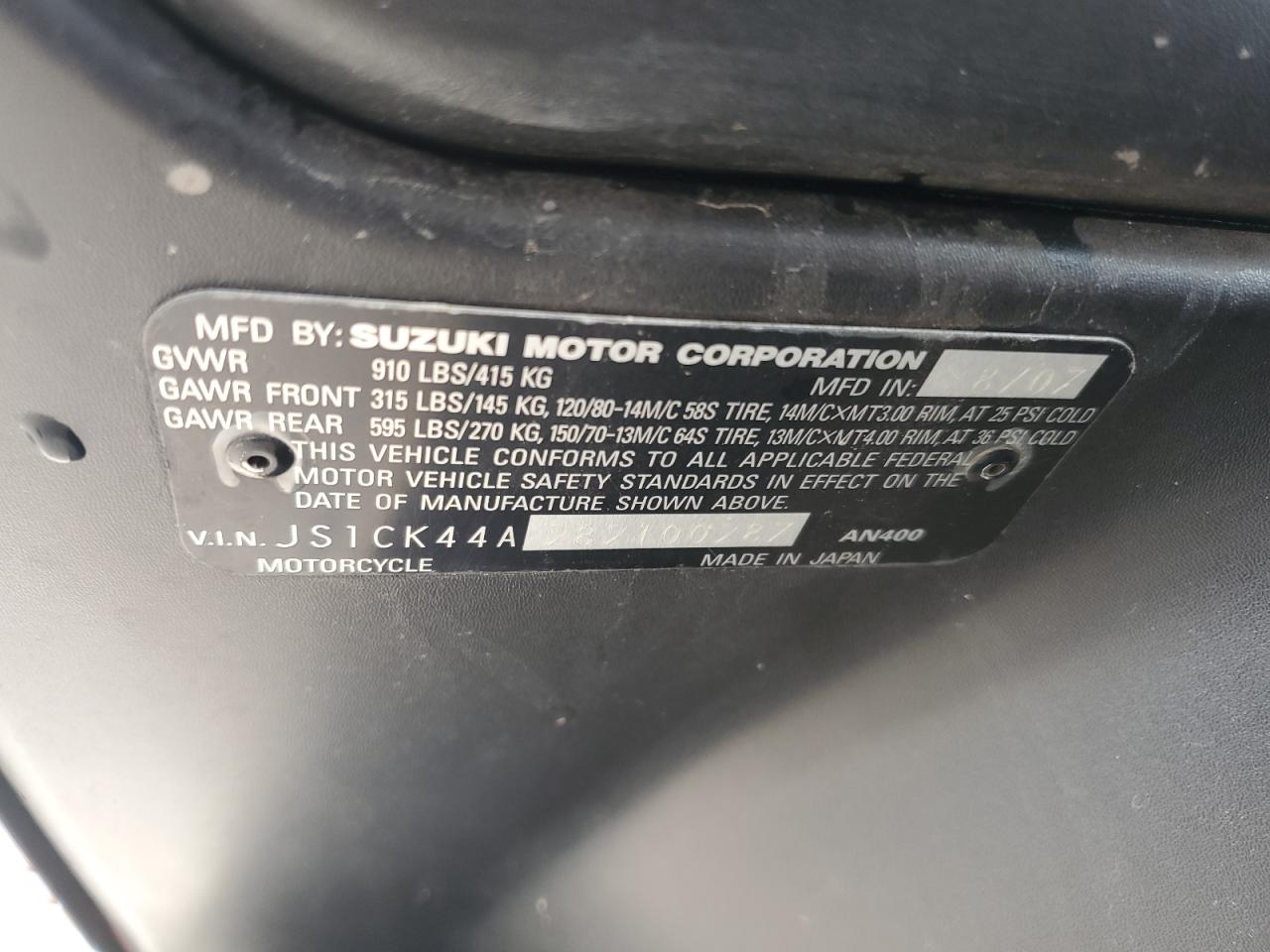 2008 Suzuki An400 VIN: JS1CK44A282100287 Lot: 56882825