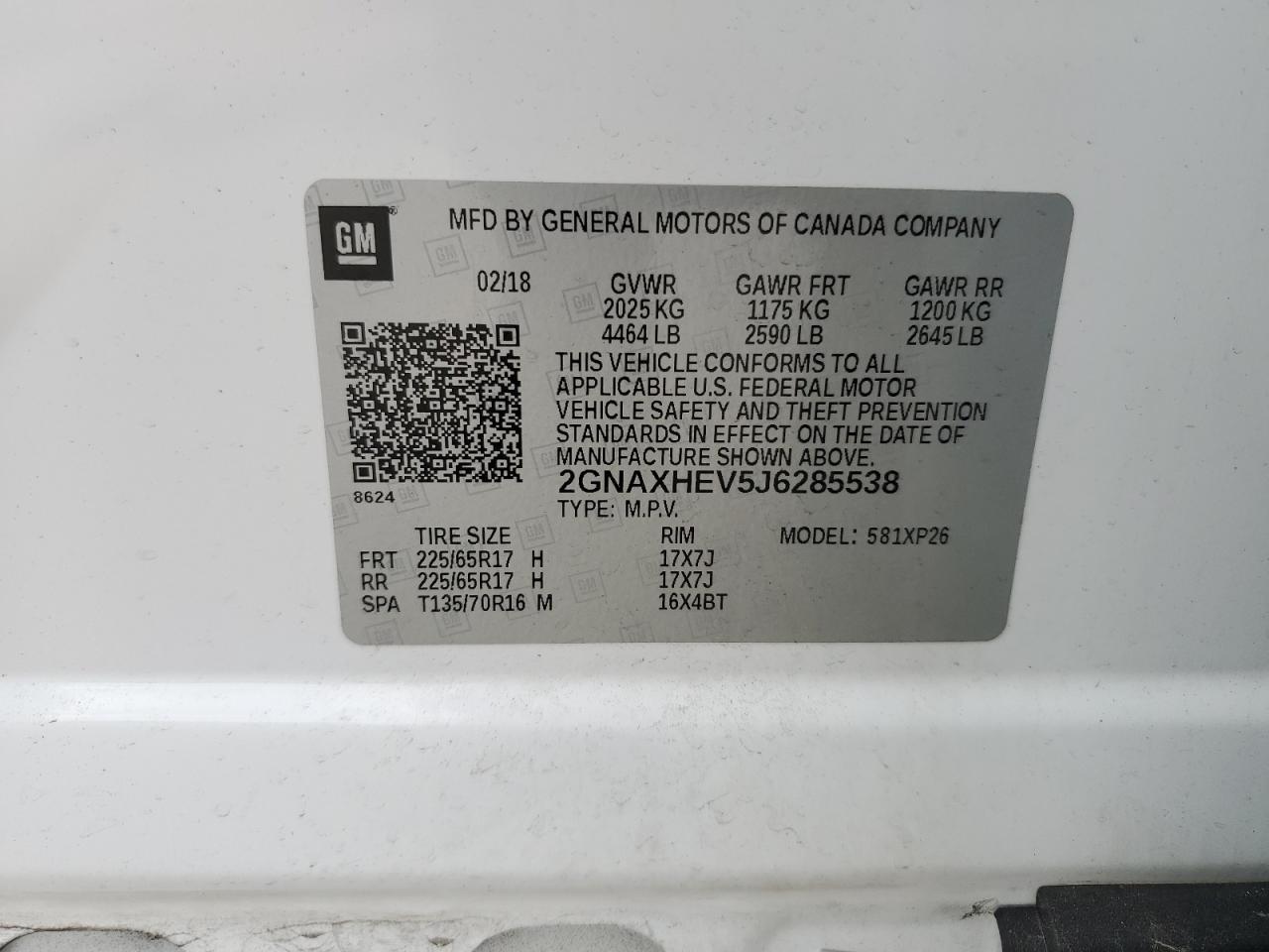 2018 Chevrolet Equinox Ls VIN: 2GNAXHEV5J6285538 Lot: 56920635