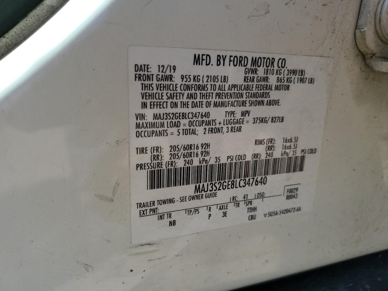 2020 Ford Ecosport Se VIN: MAJ3S2GE8LC347640 Lot: 57345955