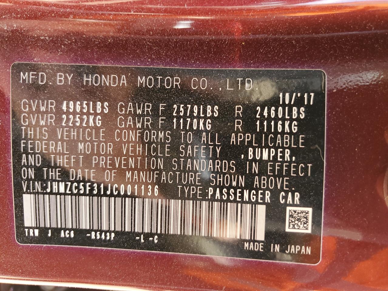 2018 Honda Clarity Touring VIN: JHMZC5F31JC001136 Lot: 56040165