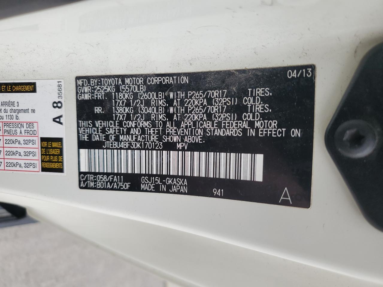 2013 Toyota Fj Cruiser VIN: JTEBU4BF3DK170123 Lot: 56579895