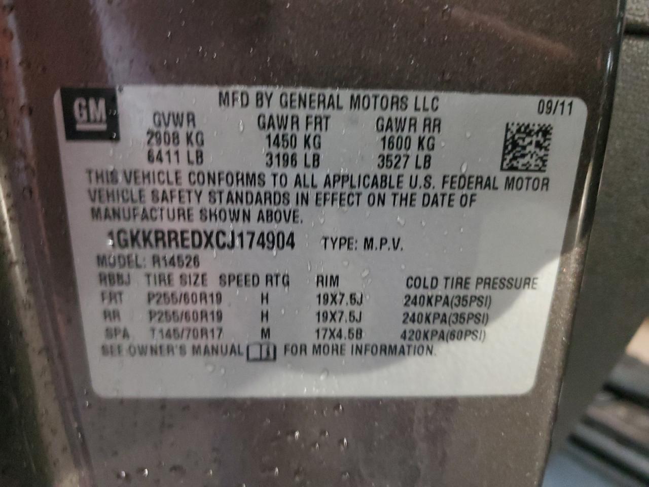 2012 GMC Acadia Slt-1 VIN: 1GKKRREDXCJ174904 Lot: 56220255