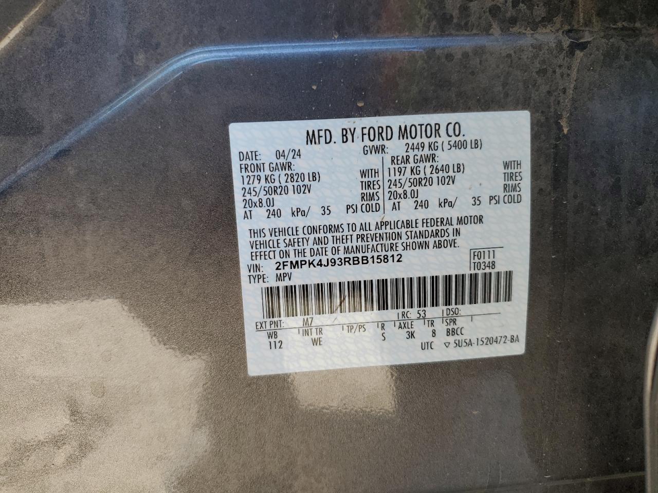 2024 Ford Edge Sel VIN: 2FMPK4J93RBB15812 Lot: 58155785