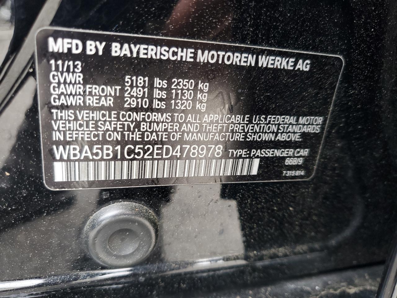 2014 BMW 535 I VIN: WBA5B1C52ED478978 Lot: 57659695