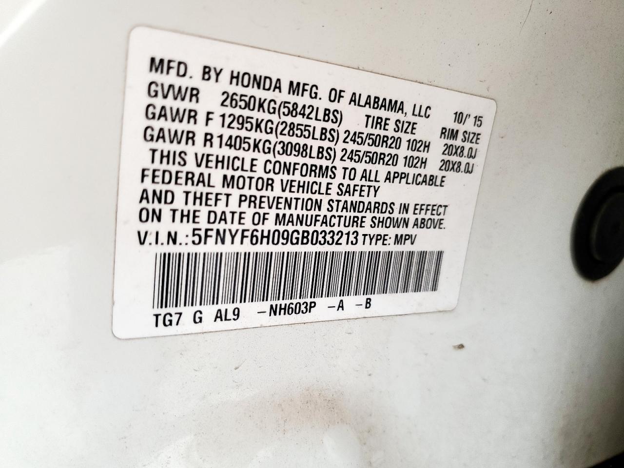 2016 Honda Pilot Elite VIN: 5FNYF6H09GB033213 Lot: 57102535
