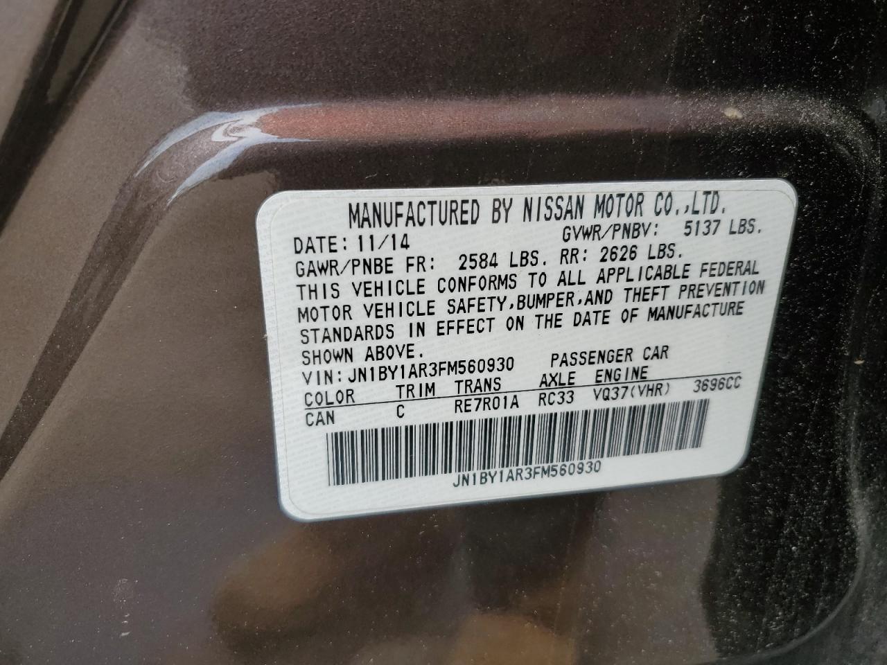 2015 Infiniti Q70 3.7 VIN: JN1BY1AR3FM560930 Lot: 59096225