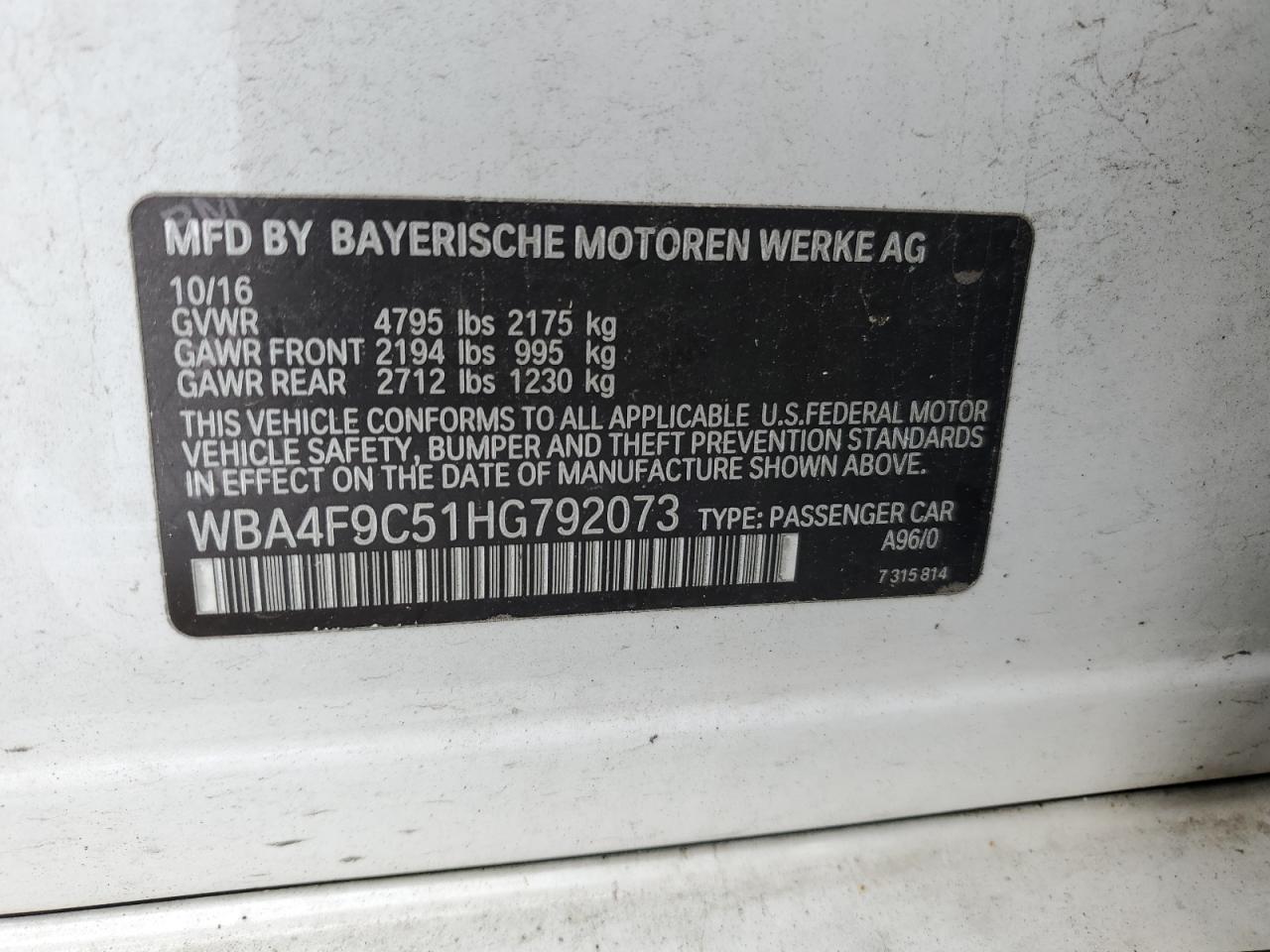 2017 BMW 430Xi Gran Coupe VIN: WBA4F9C51HG792073 Lot: 59148025