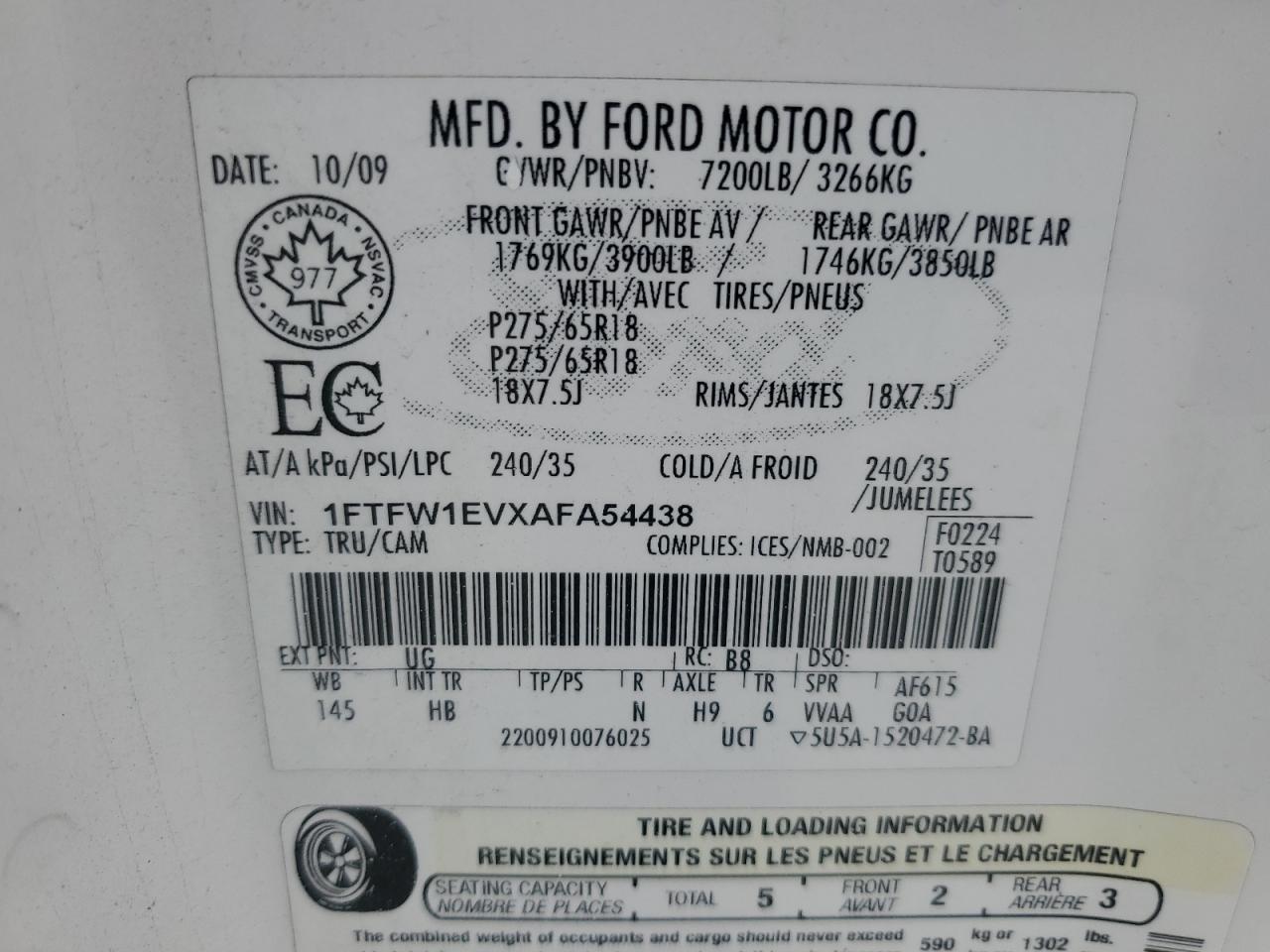 2010 Ford F150 Supercrew VIN: 1FTFW1EVXAFA54438 Lot: 56710625