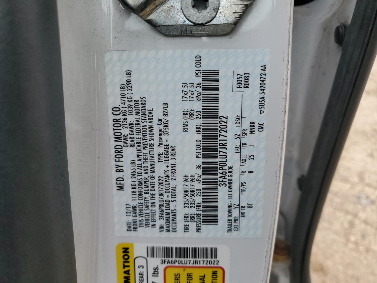 2018 Ford Fusion Se Hybrid VIN: 3FA6P0LU7JR172022 Lot: 55083975