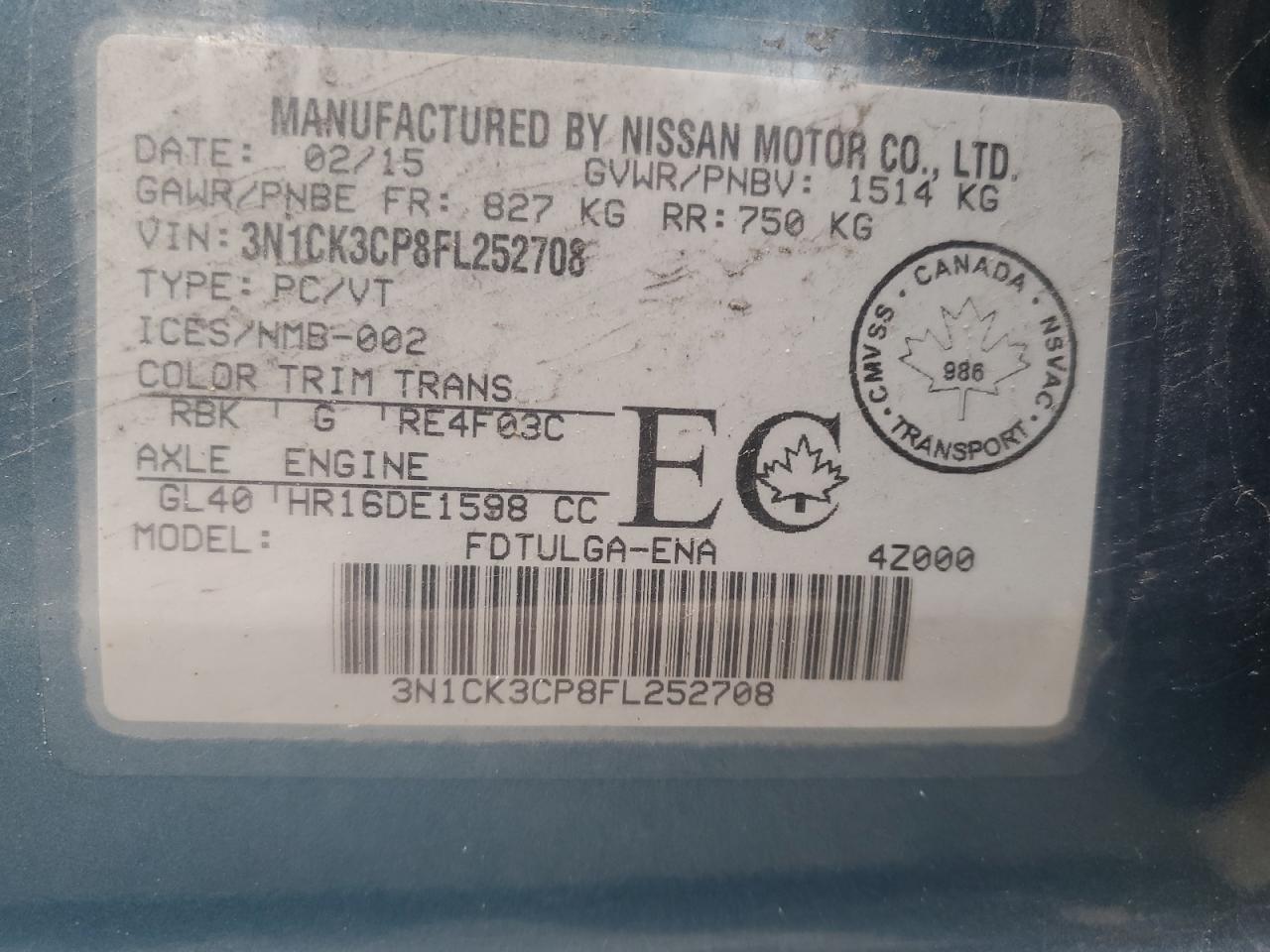 2015 Nissan Micra VIN: 3N1CK3CP8FL252708 Lot: 56902095