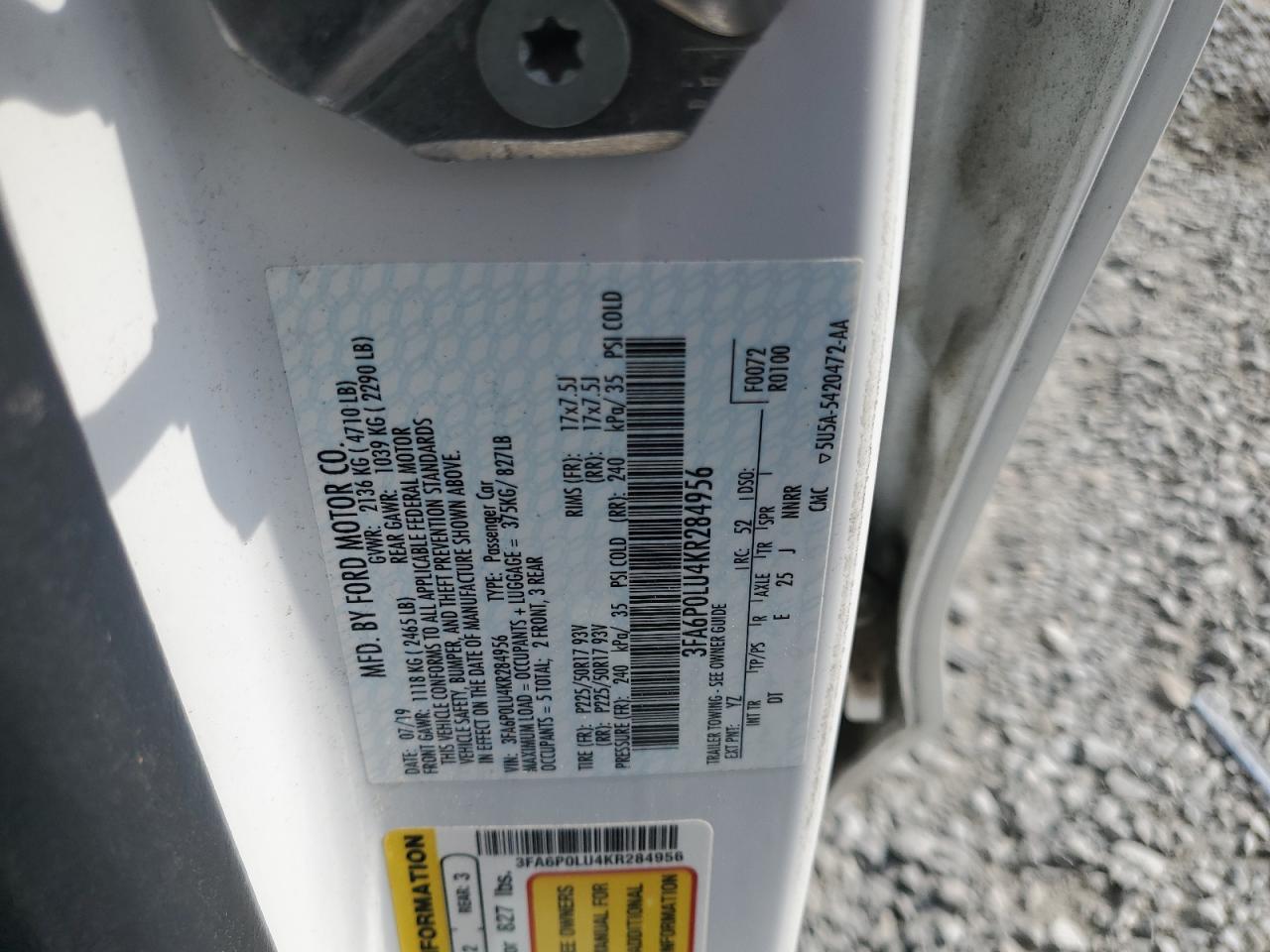 2019 Ford Fusion Se VIN: 3FA6P0LU4KR284956 Lot: 54043045