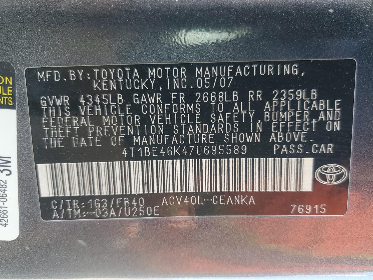 2007 Toyota Camry Ce VIN: 4T1BE46K47U695589 Lot: 58269485