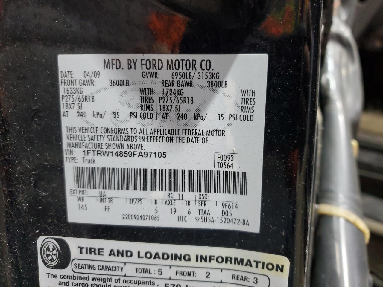 2009 Ford F150 Supercrew VIN: 1FTRW14859FA97105 Lot: 95261045