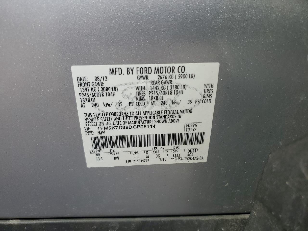 2013 Ford Explorer Xlt VIN: 1FM5K7D99DGB05114 Lot: 57299235