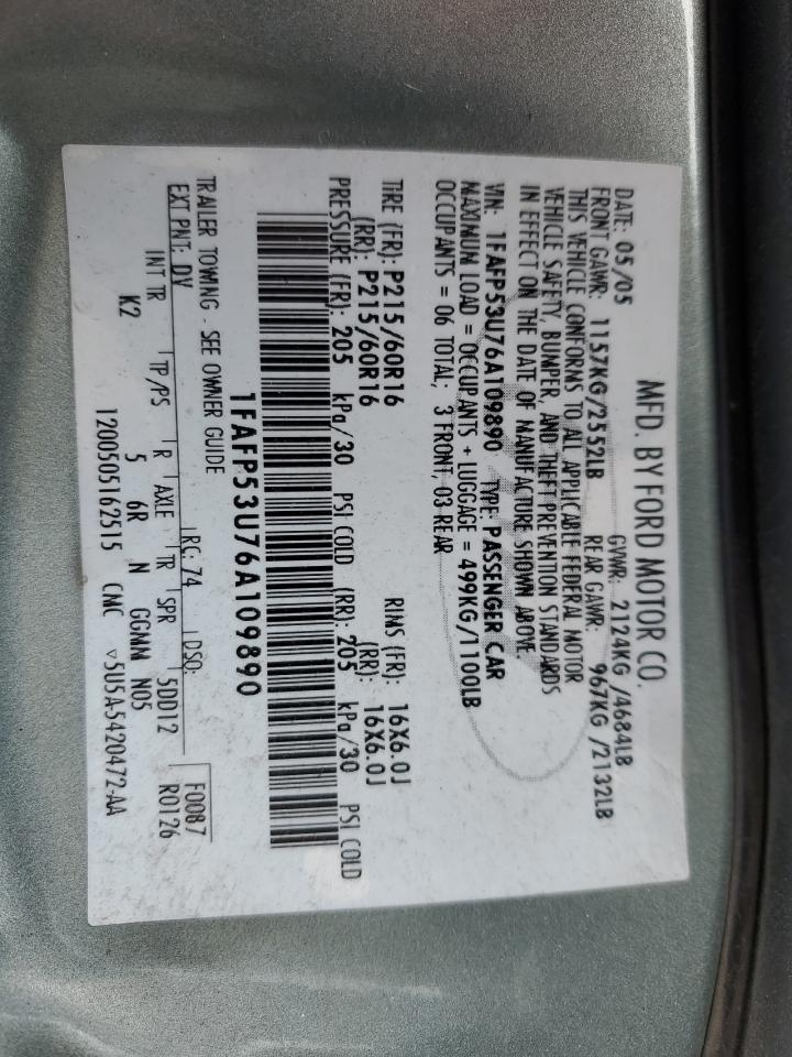 2006 Ford Taurus Se VIN: 1FAFP53U76A109890 Lot: 57135575