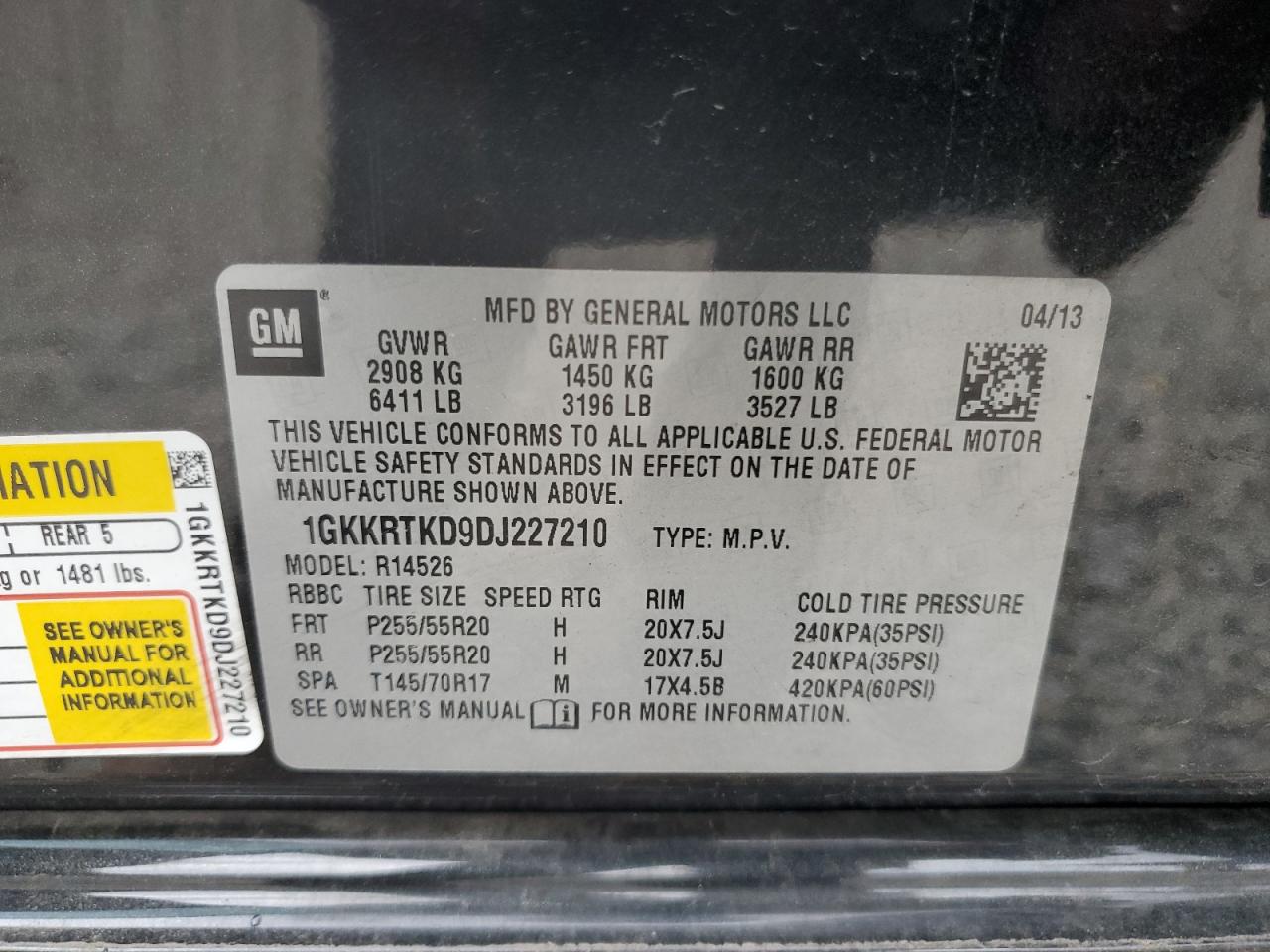 2013 GMC Acadia Denali VIN: 1GKKRTKD9DJ227210 Lot: 56818455