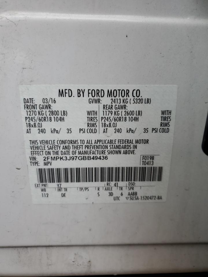 2016 Ford Edge Sel VIN: 2FMPK3J97GBB49436 Lot: 57909905