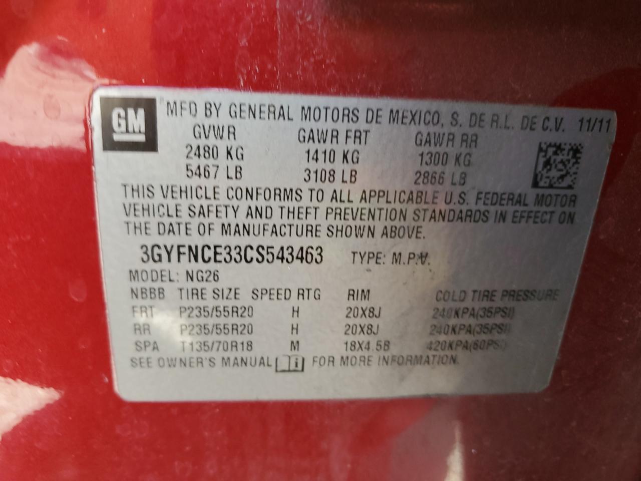 2012 Cadillac Srx Premium Collection VIN: 3GYFNCE33CS543463 Lot: 59056315